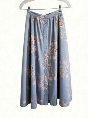 Ralph Lauren Vintage Blue & Pink Floral Cotton Button Front Midi Skirt, Size 2p